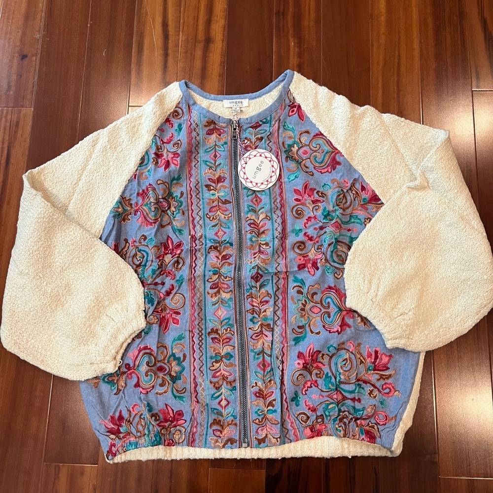 Umgee Bomber Shacket Jacket Blue Teddy Embroidered Boho Sweater Knit Size Medium